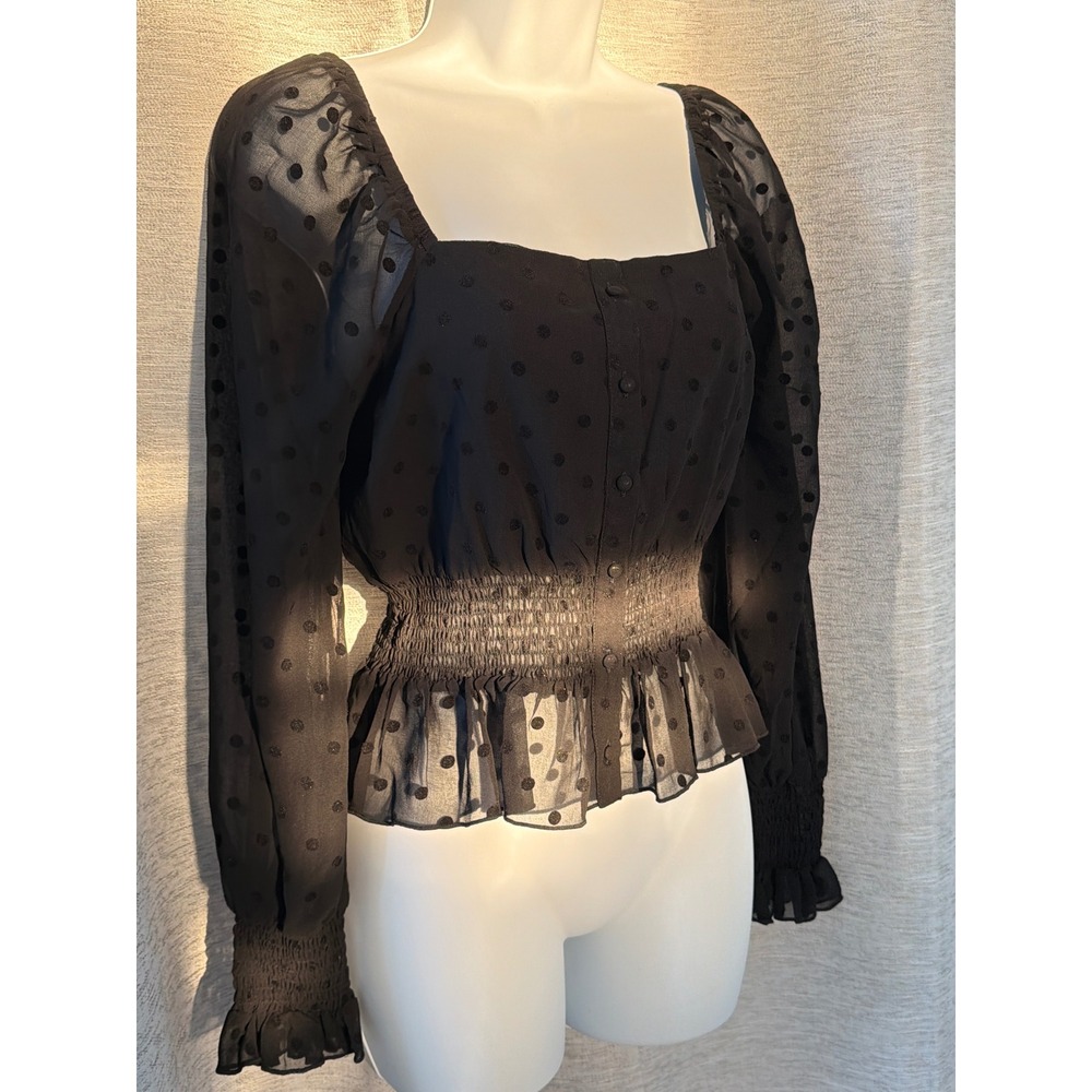 Lucy Paris Black Polka Dot Sheer Peplum Blouse Square Neck Smocked Waist XS NEW